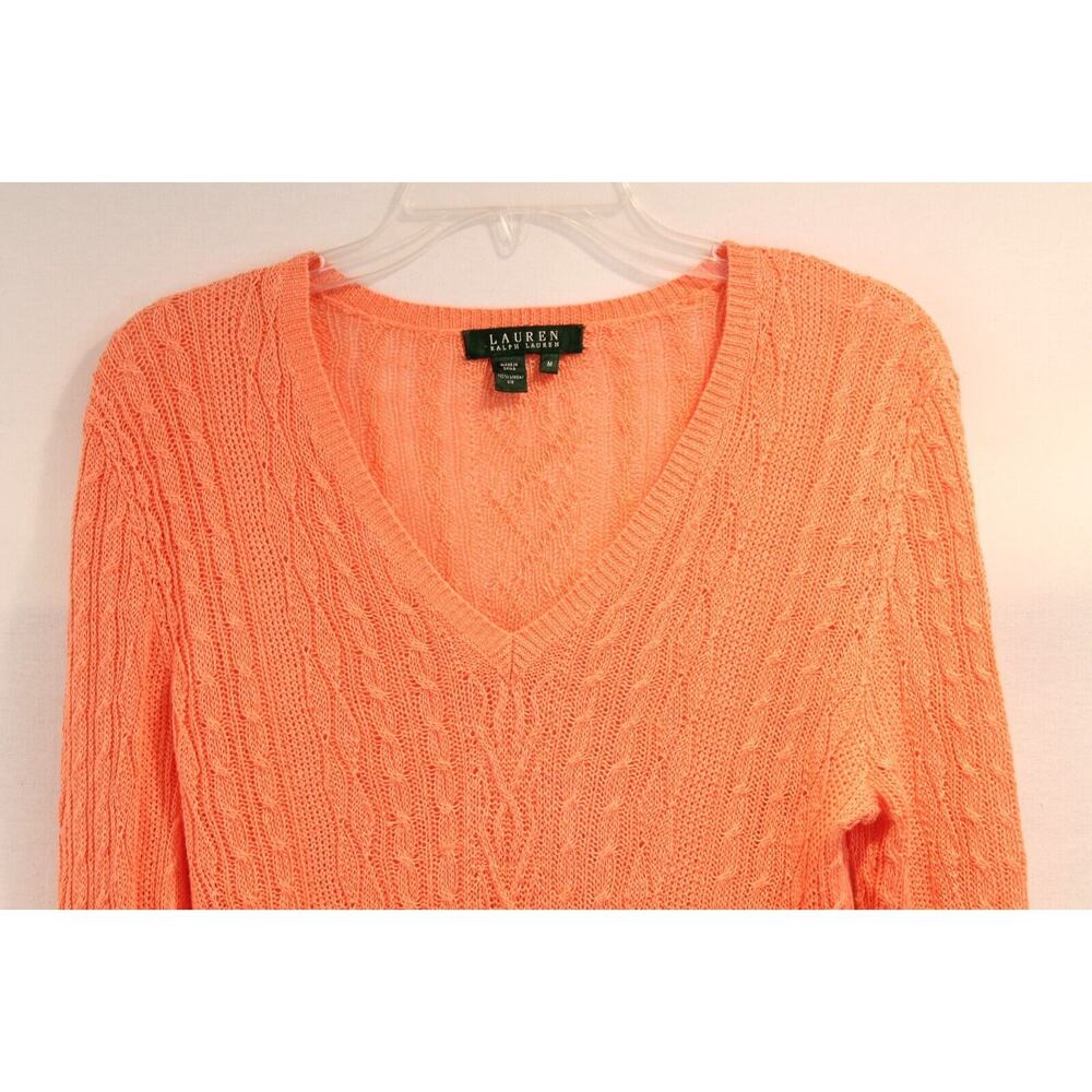 Lauren Ralph Lauren Sweater Womens size M Orange 100% Linen V-Neck Cable Knit - Picture 2 of 6
